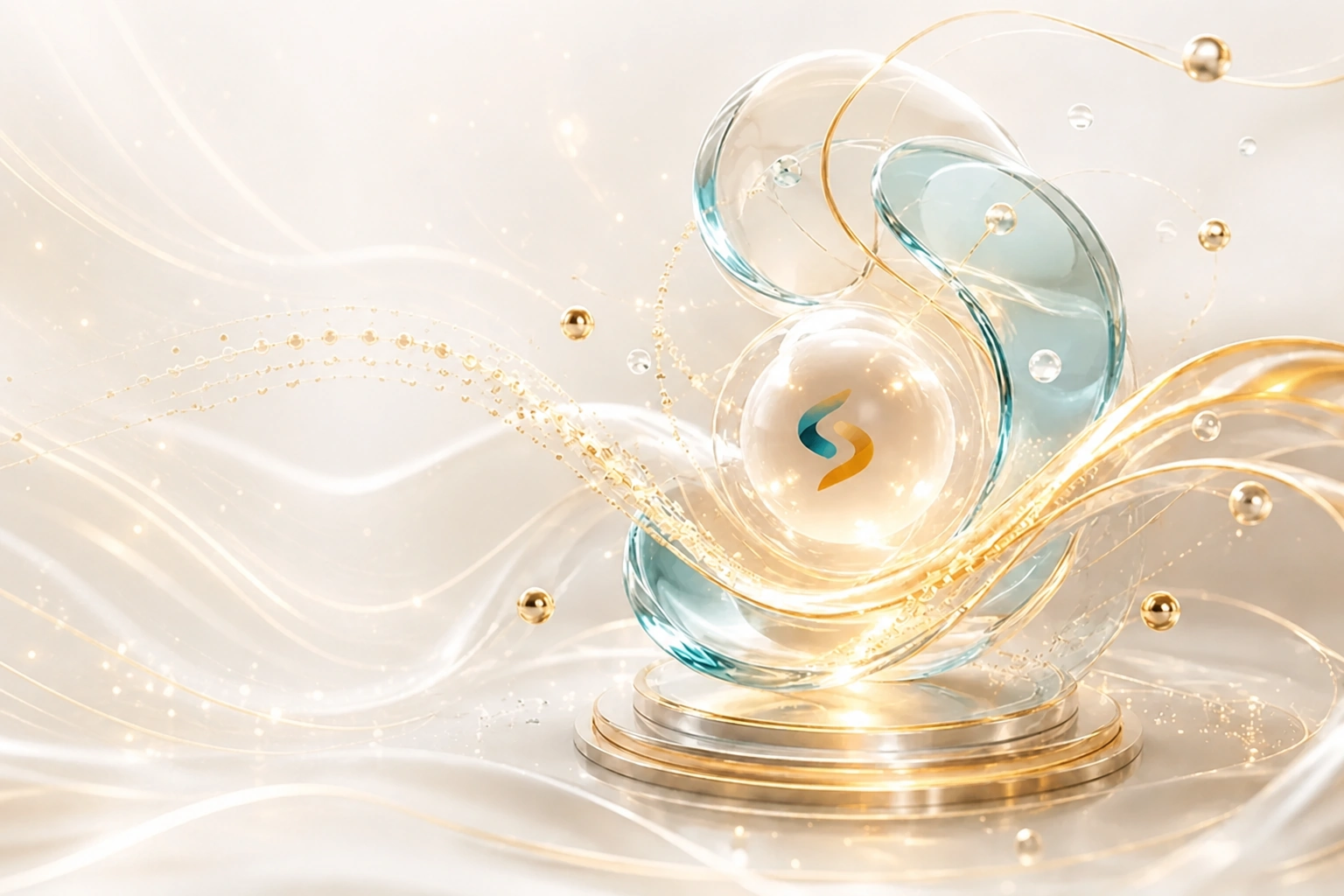 SUMUKHA intelligent automation glass orb with teal and golden flowing forms