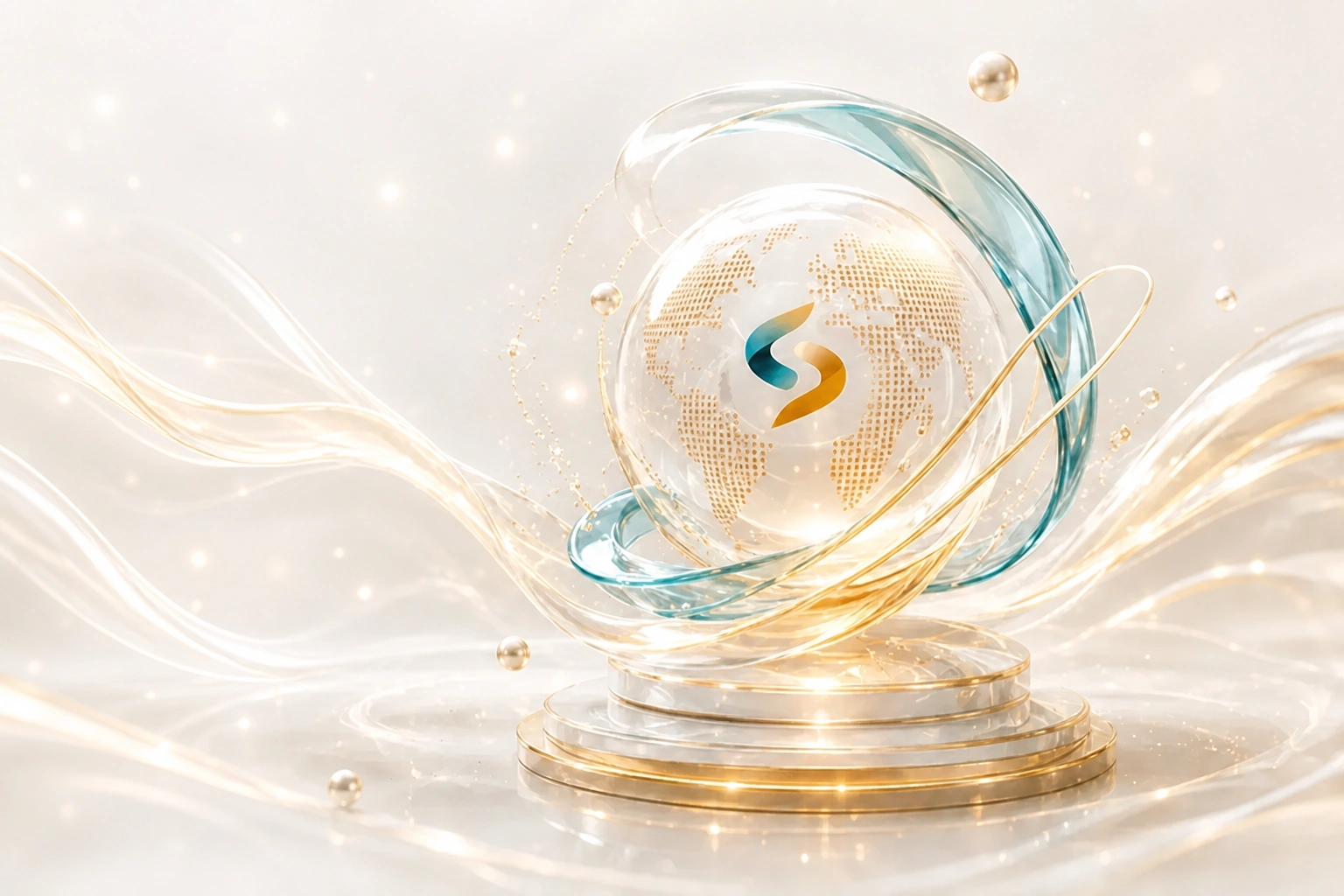 SUMUKHA vision hero visual with a glass globe, teal ribbons and golden light trails
