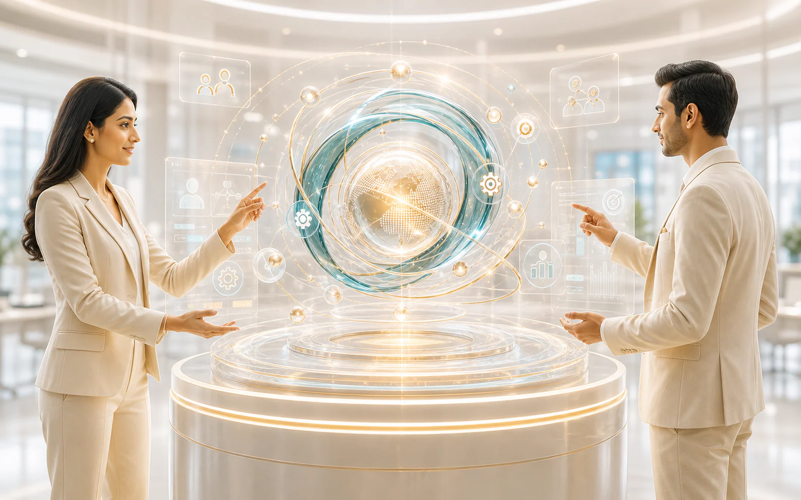 Two professionals collaborating with a central AI intelligence system